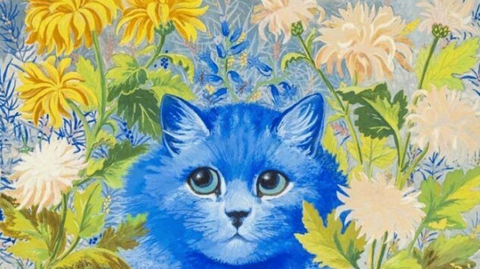 Louis Wain's painting of a bright blue cat, its head poking through yellow flowers with green leafy stems
