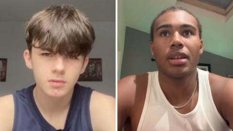 Adolescence actors Kaine, left, and Lewis, right, in a split screen image. Both are wearing short sleeve t shirts while at home