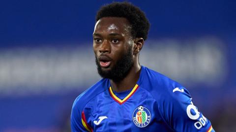Abu Kamara, wearing Getafe's blue home shirt, pictured during a game against Espanyol in December 2025