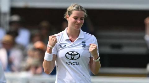 Lauren Bell celebrates a wicket