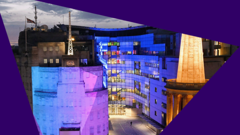An image of the BBC's New Broadcasting House, in central London, overlaid with purple election branding.