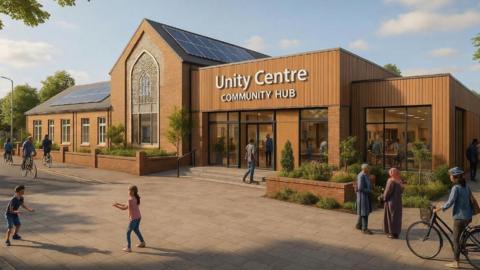 An artist's impression shows a modern brown building. One side has large glass windows, a central part has a pitched roof with solar panels and the left side is one-storey with sash-style windows. A pedestrian area is in front showing people on bikes, others walking and some children playing. 