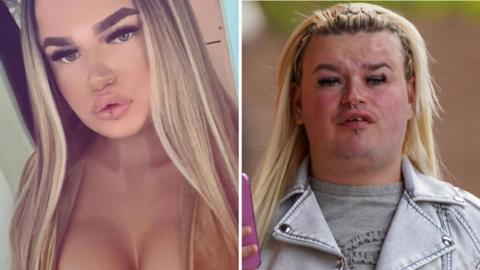 Two photos of Ciara Watkin. In the left she is wearing heavy make up with long brown and blonde hair and a cleavage on display. On the right she is pictured outside court with no make up, some slight stubble and long blonde hair.