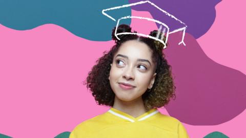 A girl has an illustration of a graduation cap on her head