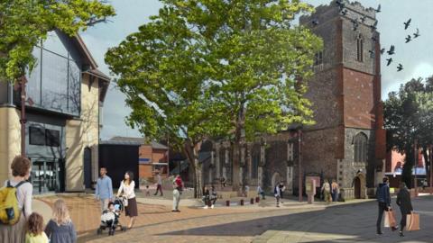 An artist's impression of the proposed Arras Square development. The photo shows generated images of people in the foreground and a paved pedestrian area with trees and a church to the right of the picture.