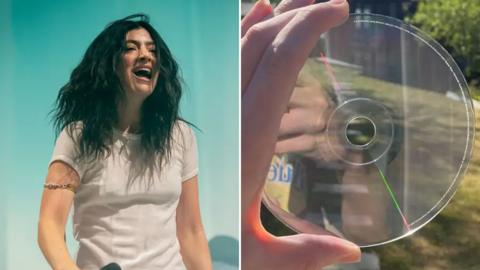 A split image of Lorde and a see-through CD