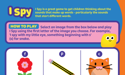 'I Spy' game with various objects presented for the game, including a flower, pencil, cat, snake, bag and house.