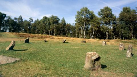 Nine stones in a circle on grass