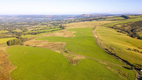 A drone image of a large piece of land. It is mainly green fields but also has a road running through it, as well as brown patches where there is marsh and long grass.