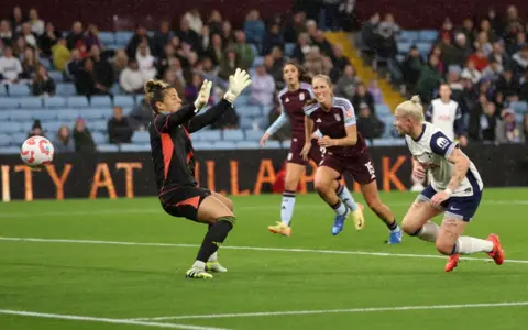 Beth England heads in at Villa Park against Aston Villa