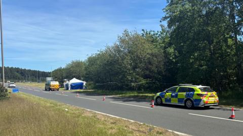 A blue and white forensics tent next to two police cars and cones blocking off a lane of a highway