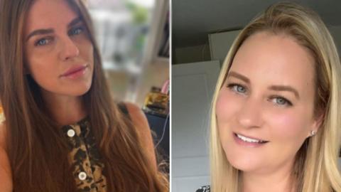 Two separate images of women. One has brown hair and a red jumper. The other is blonde. 