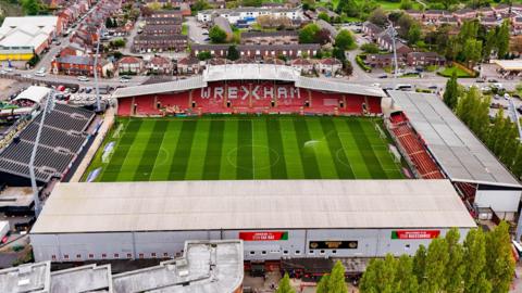A general aerial view of the Racecourse football stadium in Wrexham.