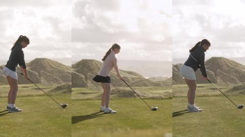 Three girls about to tee off at golf