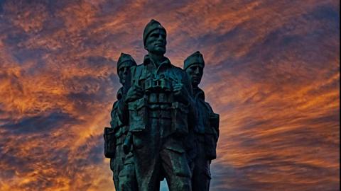 the Commando Memorial at Spean Bridge showing three soldiers