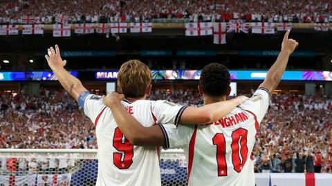 Jude Bellingham and Harry Kane of England salute the fans after the 2-1 victory over Norway