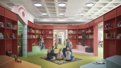 Artist's impression of the library's new children's zone. A woman with blonde hair is reading to four youngsters in the centre of the room. Behind them, a girl is sitting on her mother's lap as they read a book. The room has red walls and shelves, a green carpet and splashes of other colours.