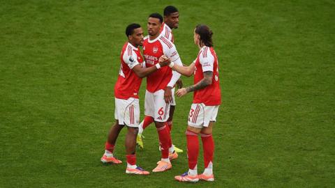 Arsenal's Jurrien Timber, Riccardo Calafiori and Gabriel