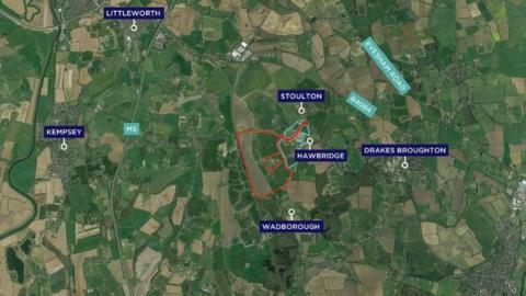 An aerial shot of a map showing green and beige patches. Kempsey, Littleworth, Stoulton, Hawbridge, Drakes Broughton and Wadborough are labelled on the map 