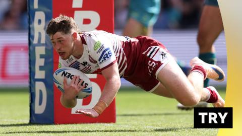 Jack Farrimond scores for Wigan Warriors against Hull KR in the Men's Challenge Cup final