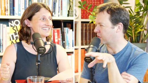 Left, a woman with shoulder length hair speaks into a microphone. Right, a man looks questioningly into a microphone.
© BBC