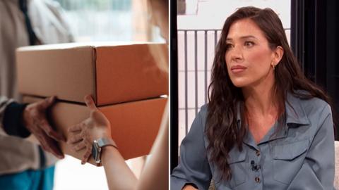 A split image of a person handing over a parcel and Rebecca Mason