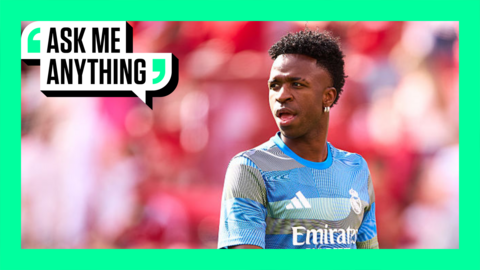Vinicius Junior of Real Madrid wearing a training top before a match. The image is surrounded by a green border with 'Ask Me Anything' in the top corner.
