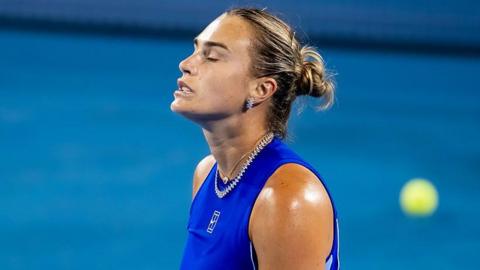 Aryna Sabalenka reacts to a point against Sara Bejlek