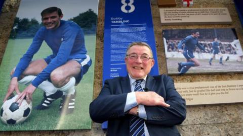 Bobby Tambling unveils a plaque in his honor at Stamford Bridge in 2019