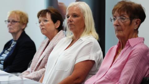 From left to right: Arelene Fraser's mother Isabelle Thompson; Arlene's sister Carol Gillies; Suzanne Pilley's sister Gail Fairgrieve; and Suzanne's mother Sylvia Pilley at a press conference at Victim Support Scotland in Glasgow