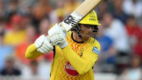 Trent Rockets batter Mitchell Santner plays a shot