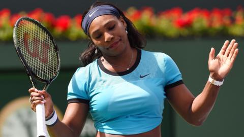 Serena Williams of USA reacts during the women's final match against Victoria Azarenka of Belarus in at the BNP Paribas Open at the Indian Wells Tennis Garden in Indian Wells, California, March 20, 2016. Azarenka defeated Williams 6-4, 6-4. (Photo by ROBYN BECK / AFP) (Photo by ROBYN BECK/AFP via Getty Images)