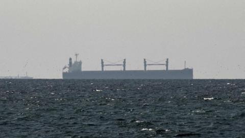 A cargo ship in the Gulf, near the Strait of Hormuz, as seen from northern Ras al-Khaimah, near the border with Oman’s Musandam governance, amid the U.S.-Israeli conflict with Iran, in United Arab Emirates, March 11, 2026