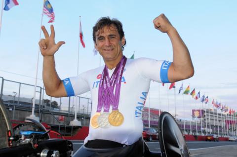 Alex Zanardi celebrates after winning a silver medal in the Team Relay event at the 2012 Paralympic Games. He also won two golds