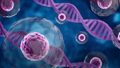 A computer generated image of purple strands of DNA and cells against a bue background