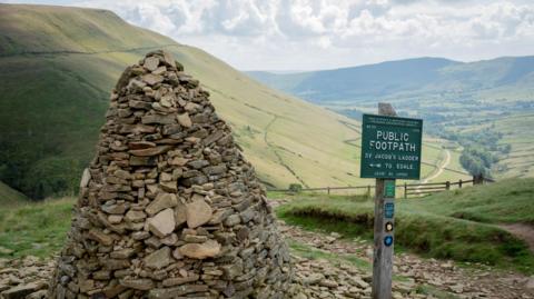 A sign indicating a public footpath in the Peak District