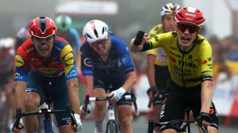 Jonas Vingegaard celebrates after beating Giulio Ciccone to win stage two of the 2025 Vuelta a Espana