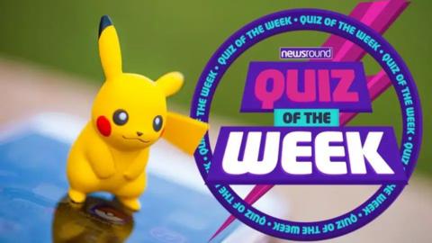 a toy pikachu on a mobile phone with the quiz of the week logo next to it