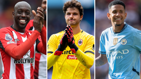 Yoane Wissa, Senne Lammens and Savinho look on - collated image