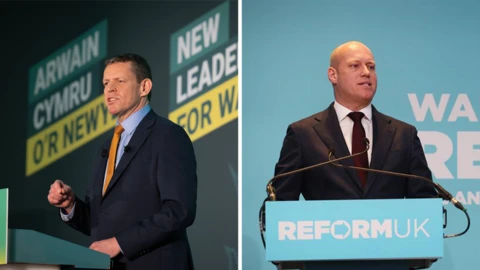 Rhun ap Iorwerth, arweinydd Plaid Cymru a Dan Thomas, arweinydd Reform yng Nghymru