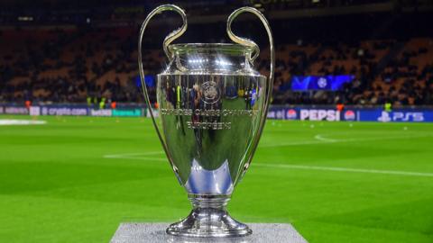 A general view of the UEFA Champions League trophy 