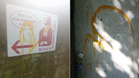 Two images side by side of yellow paint splashed against a sign and a door at Ripon Museum.