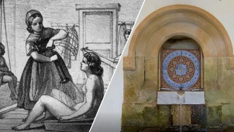 Split image of drawing from Victorian England and a water fountain