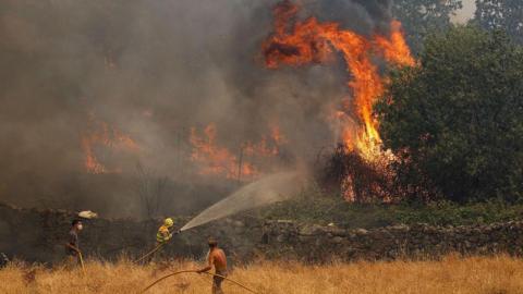 Firefighters and civillians attempt to extinguish a wildfire as it approaches houses on July 24, 2026 in El Tiemblo, in Ávila province, Spain.