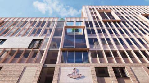 Artist impression of the new building and company logo