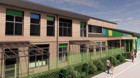 A computer generated image of a school building with fencing and pedestrians walking parallel.