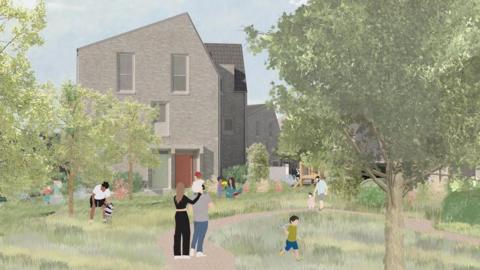 An artist's impression showing several residential buildings set among grass and trees with several figures including children running around outside.