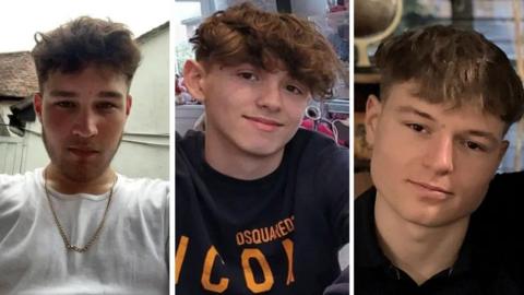 Three photos of Daniel Hancock, Elliot Pullen, and Ethan Goddard. Daniel wears a white t-shirt and gold chain.  Elliot wears a black top with an orange 'Dsquared2 Icon' logo. Ethan wears a black t-shirt.