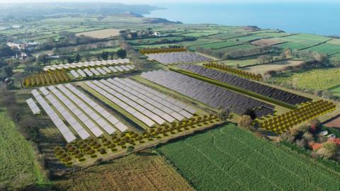 A drone shot of a solar panel farm near a coast