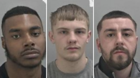 Deago Martin, Keelan Brookes and Kaine Simmonds. The three men each have a straight face in front of a grey background. Martin has black hair and a patchy black beard. Brookes has short light brown hair and stubble. Simmonds has short dark hair and a thick dark beard.